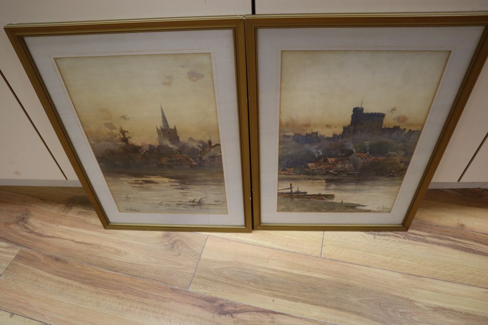 John Terris (1865-1914), pair of watercolours, Views of Windsor Castle and a riverside church, signed, 44 x 29cm